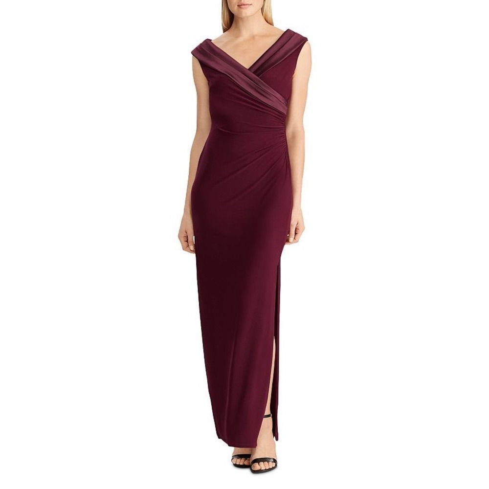 Lauren Ralph Lauren Burgundy Satin Trim Ruched Off Shoulder Evening Gown Dress 2